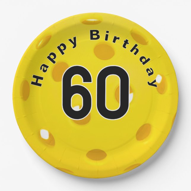 60th Birthday Yellow Pickleball Paper Plate (Front)