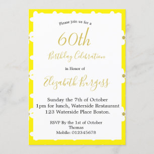 60th Birthday Yellow  Simple Daisy Gold Milestone Invitation
