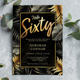 60th Black and Gold Tropical Leaves Sixty Birthday Invitation