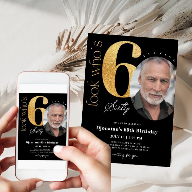 60th Black Gold Birthday Invitation with Photo (Creator Uploaded)