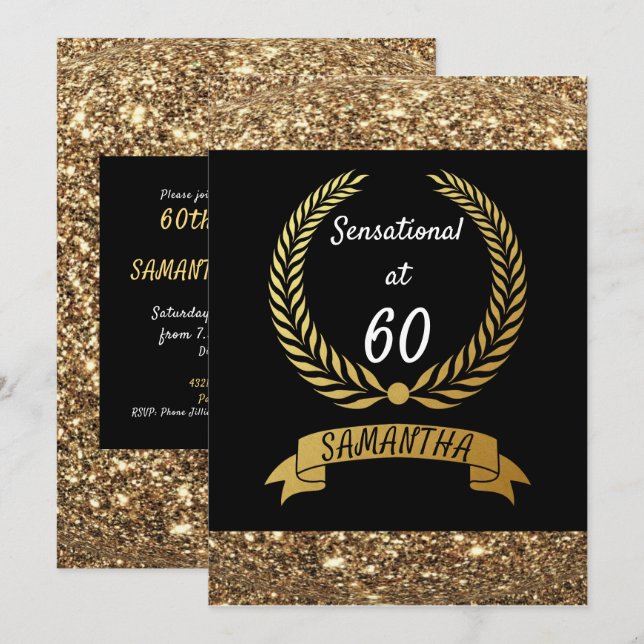60th Black Gold Glitter Elegant Birthday Party Invitation (Front/Back)