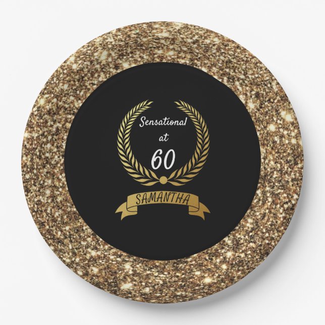 60th Black Gold Glitter Elegant Birthday Party Paper Plate (Front)