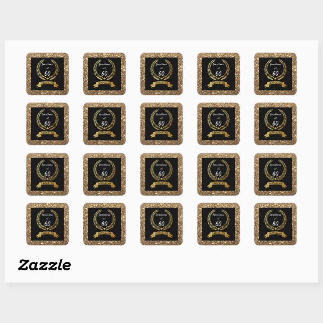 60th Black Gold Glitter Elegant Birthday Party Square Sticker (Sheet)