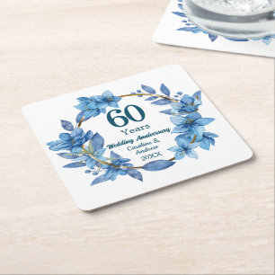 60th Blue Floral Diamond Wedding Anniversary Square Paper Coaster