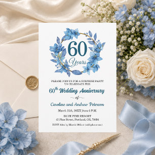 60th Blue Floral Surprise Wedding Anniversary Invitation
