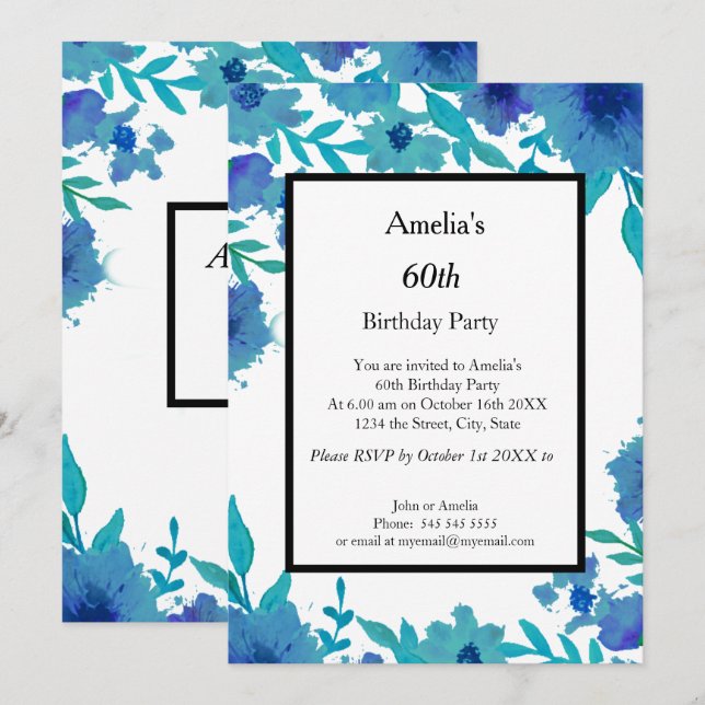 60th blue flowers Birthday Party  Invitation (Front/Back)