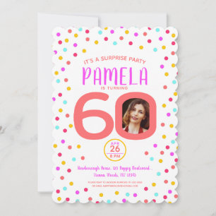 60th custom photo colourful coral confetti birthda invitation