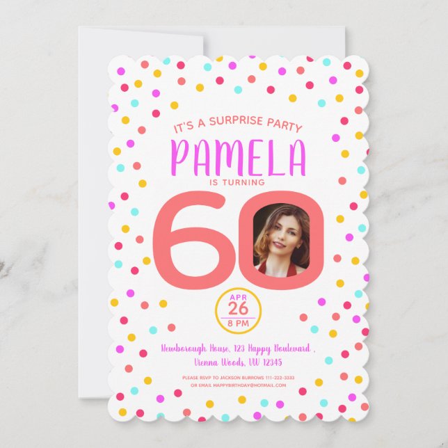 60th custom photo colourful coral confetti birthda invitation (Front)