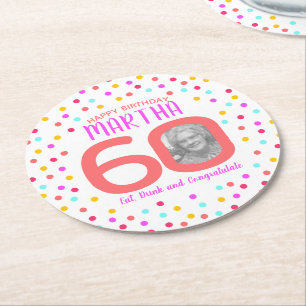 60th custom photo colourful coral confetti birthda round paper coaster