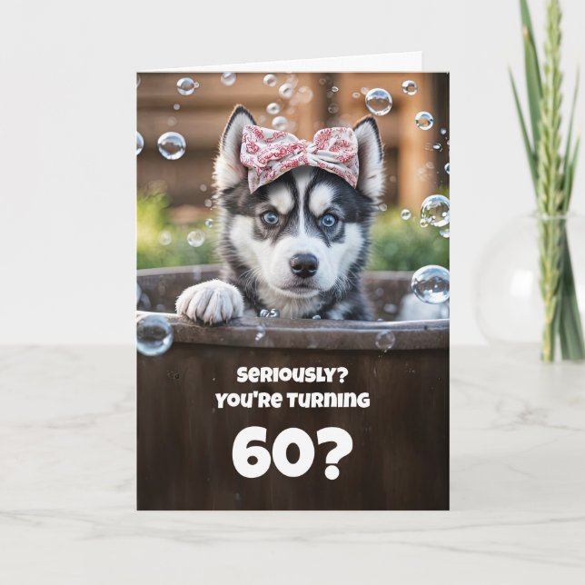 60th Cute and Humorous Husky Dog Bath Card (Front)