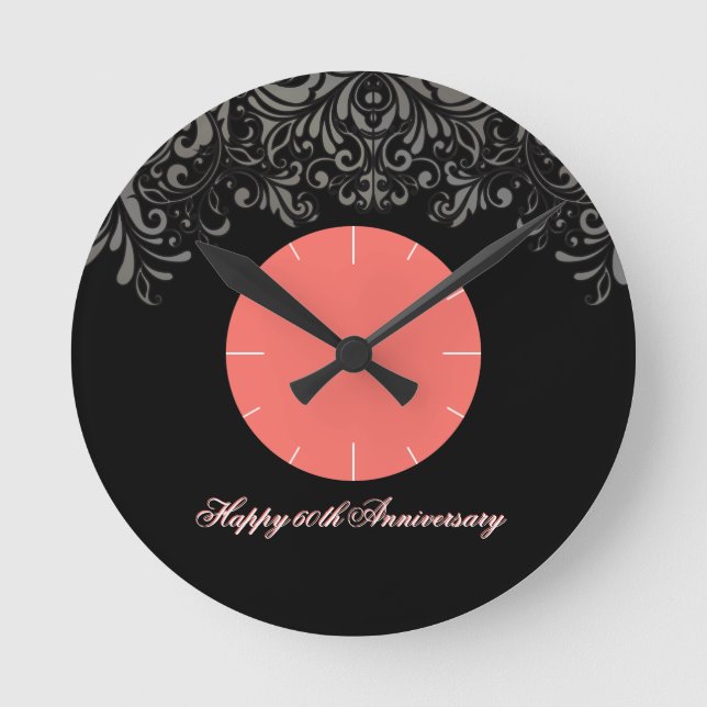 60th Damask Coral Black Anniversary Celebration Round Clock (Front)