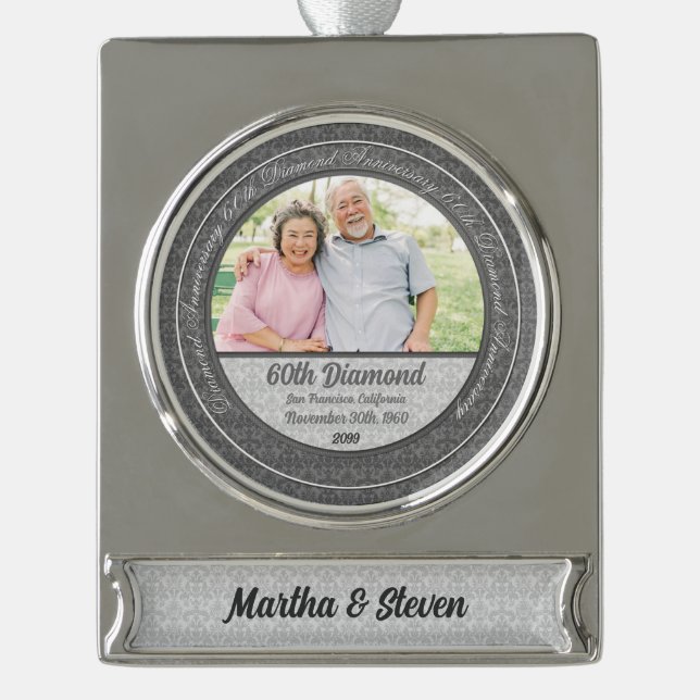 60th Diamond Anniversary Date and Name Photo Silver Plated Banner Ornament (Front)