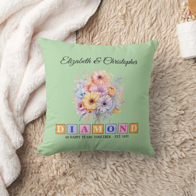 60th Diamond anniversary floral green Cushion (Blanket)