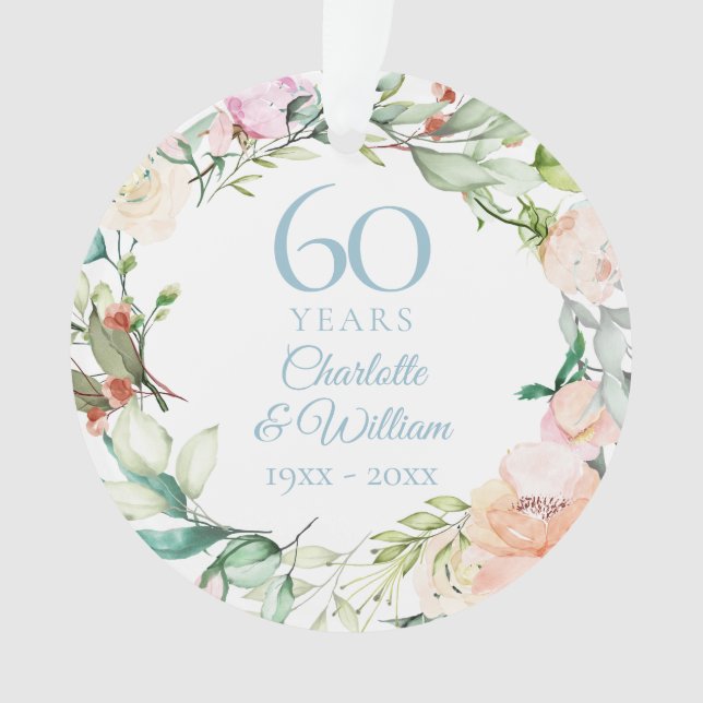 60th Diamond Anniversary Photo Roses Garland Ornament (Front)