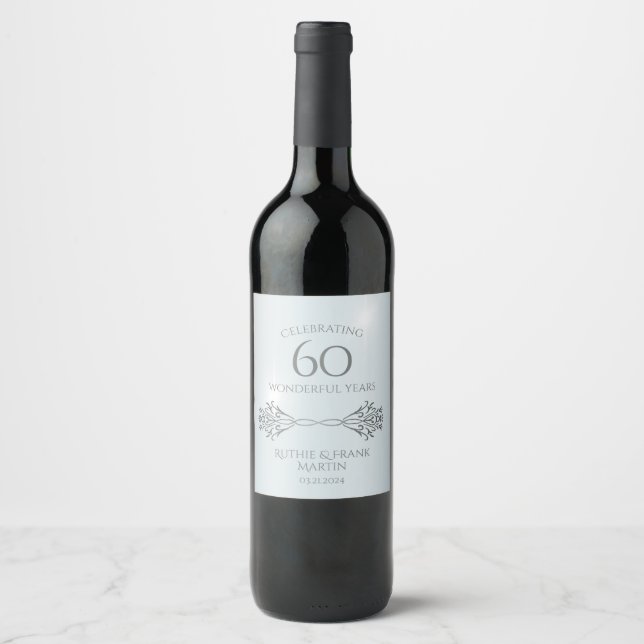 60th Diamond Anniversary Stylish Personalised Gift Wine Label (Front)