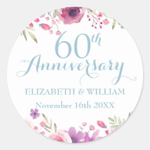 60th Diamond Anniversary Watercolour Roses Classic Round Sticker