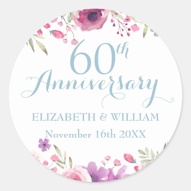 60th Diamond Anniversary Watercolour Roses Classic Round Sticker (Front)