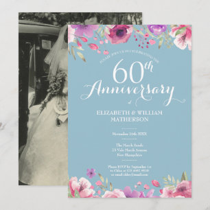 60th Diamond Anniversary Wedding Photo Floral Invitation