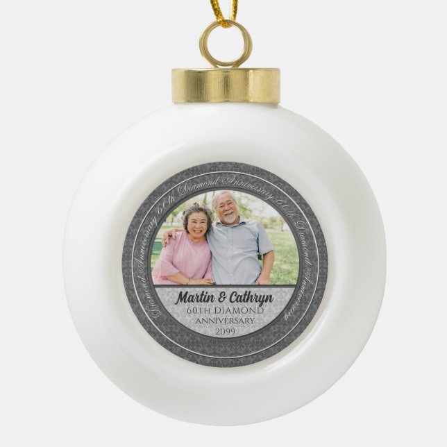 60th Diamond Annivsersary Couple's Photo Ceramic Ball Christmas Ornament (Front)