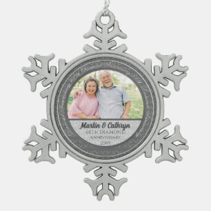 60th Diamond Annivsersary Silver Damask Photo Snowflake Pewter Christmas Ornament