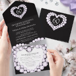 60th diamond wedding anniversary black white  all in one invitation<br><div class="desc">60th wedding anniversary party or black tie event with photo and detachable RSVP invitations can be sealed so no envelope is required. Beautiful diamond effect gemstones in a heart shape printed graphics wedding anniversary invitations, personalise with your own wedding anniversary party details, a photo of the happy couple. Make it...</div>