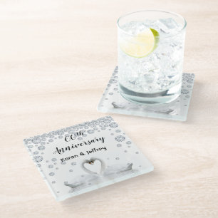 60th diamond wedding anniversary couple swans glass coaster