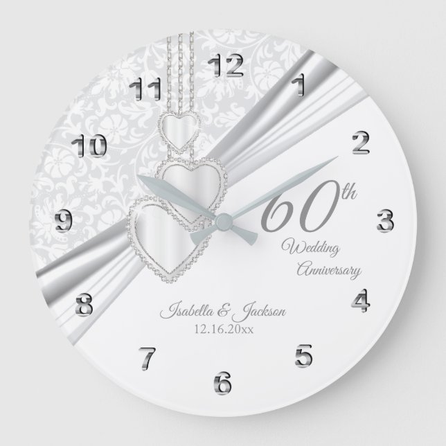 60th Diamond Wedding Anniversary Design on White Large Clock (Front)