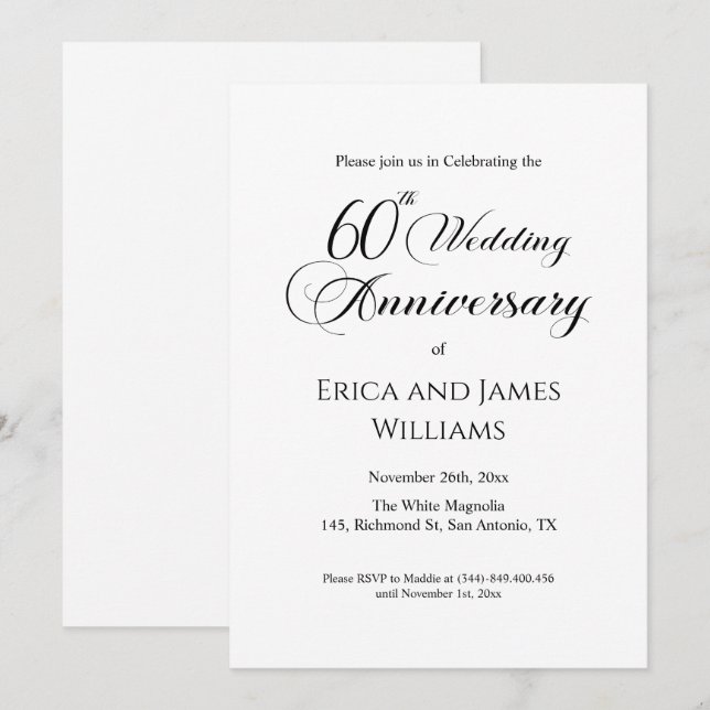 60th Diamond Wedding Anniversary Elegant Script Invitation (Front/Back)