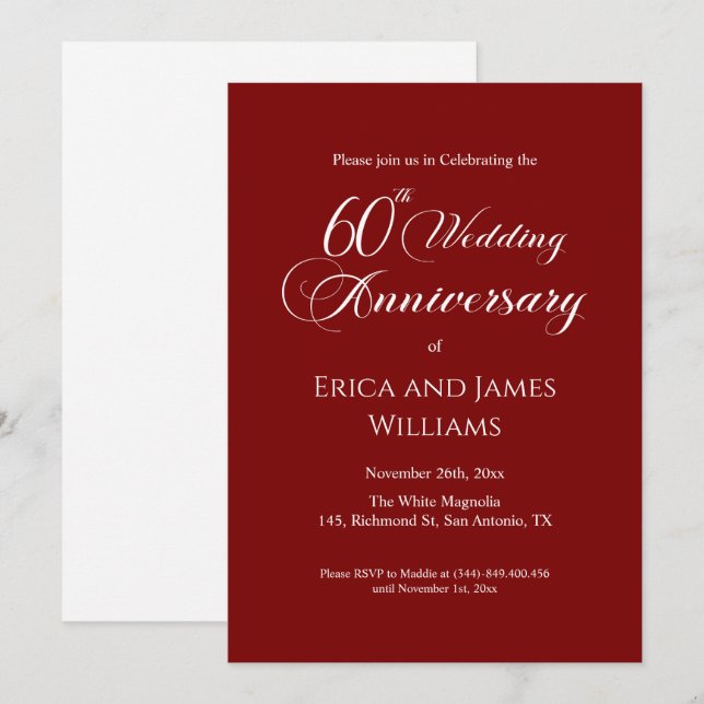 60th Diamond Wedding Anniversary Elegant Script Invitation (Front/Back)