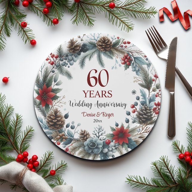 60th Diamond Wedding Anniversary Elegant Winter Paper Plate (Creator Uploaded)