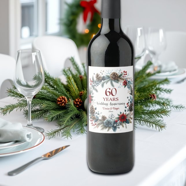 60th Diamond Wedding Anniversary Elegant Winter Wine Label (Creator Uploaded)