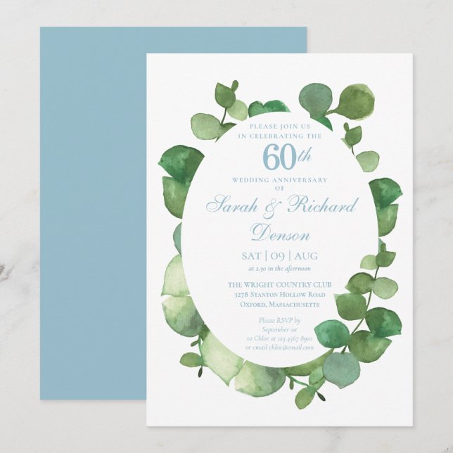 60th Diamond Wedding Anniversary Eucalyptus Invitation (Front/Back)
