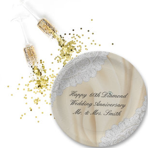 60th Diamond Wedding Anniversary Faux Satin+Lace Paper Plate