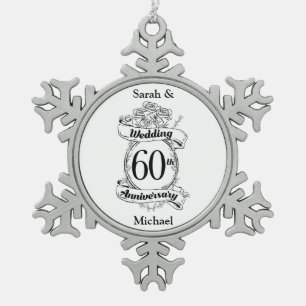 60th Diamond Wedding Anniversary Flowers Snowflake Pewter Christmas Ornament