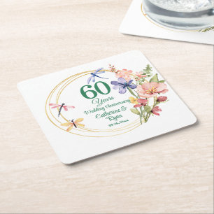 60th Diamond Wedding Anniversary Gold Frame Floral Square Paper Coaster