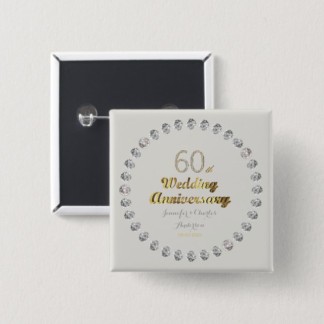 60th Diamond Wedding Anniversary Gold Typography 15 Cm Square Badge (Front & Back)