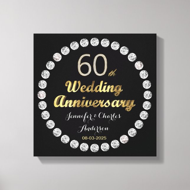 60th Diamond Wedding Anniversary Gold Typography Canvas Print (Front)