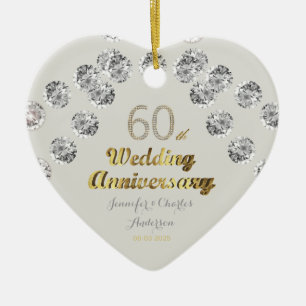 60th Diamond Wedding Anniversary Gold Typography Ceramic Tree Decoration