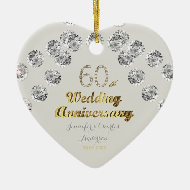 60th Diamond Wedding Anniversary Gold Typography Ceramic Tree Decoration (Front)