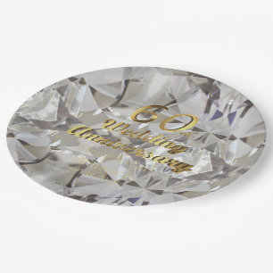 60th Diamond Wedding Anniversary Gold Typography Paper Plate