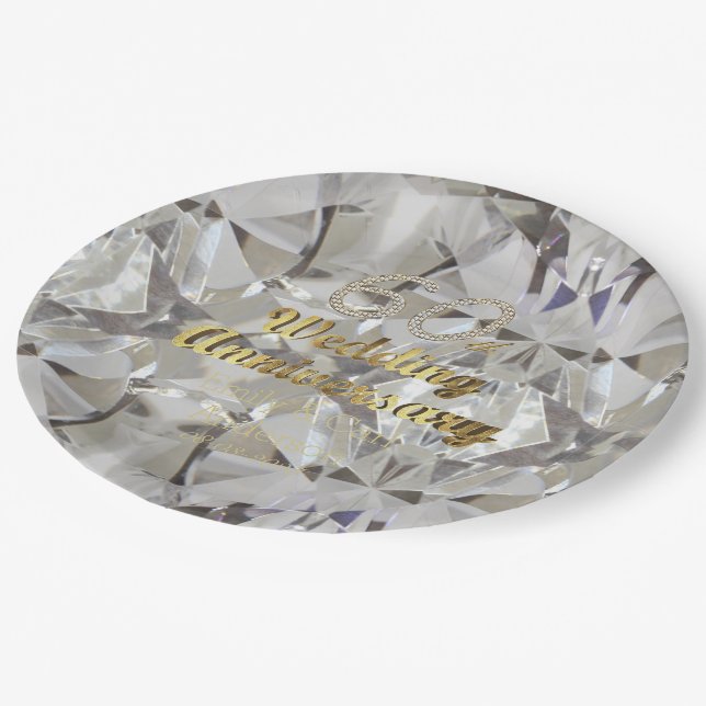 60th Diamond Wedding Anniversary Gold Typography Paper Plate (Angled)