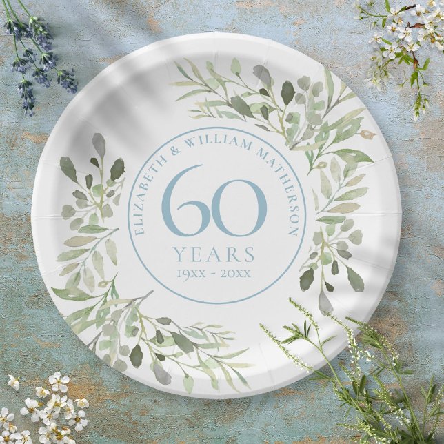 60th Diamond wedding Anniversary Greenery  Paper Plate (Creator Uploaded)