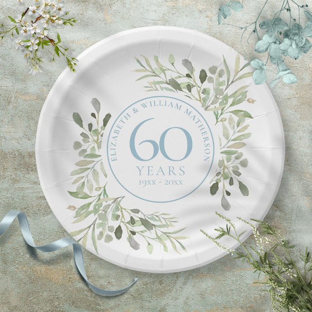 60th Diamond Wedding Anniversary Greenery  Paper Plate (60th Diamond Wedding Anniversary Greenery Paper Plates)