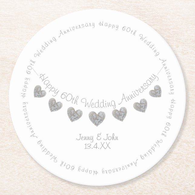 60th Diamond Wedding Anniversary heart bunting Round Paper Coaster (Front)