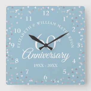 60th Diamond Wedding Anniversary Hearts Confetti Square Wall Clock