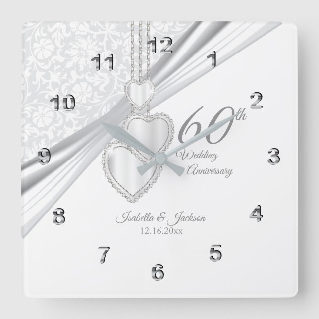 60th Diamond Wedding Anniversary Keepsake Square Wall Clock (Front)