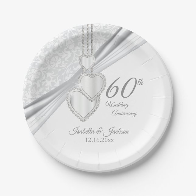 60th Diamond Wedding Anniversary on White Paper Plate (Front)