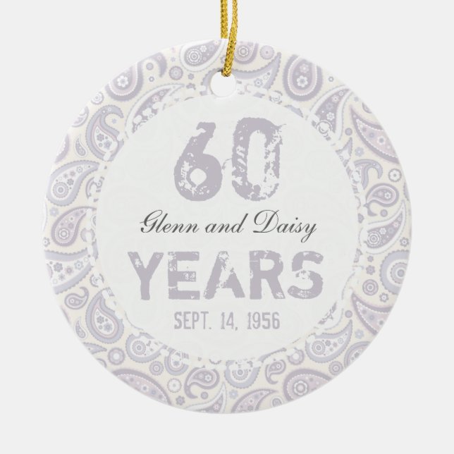 60th Diamond Wedding Anniversary Paisley Monogram Ceramic Tree Decoration (Front)