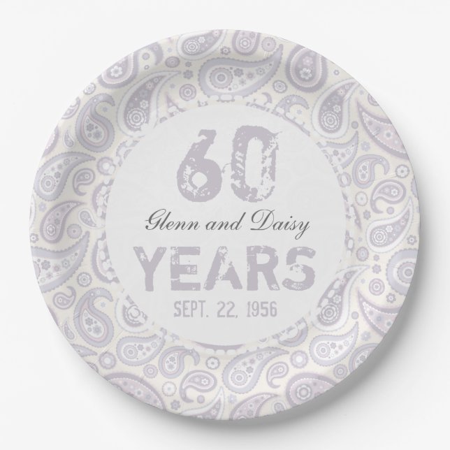 60th Diamond Wedding Anniversary Paisley Pattern Paper Plate (Front)