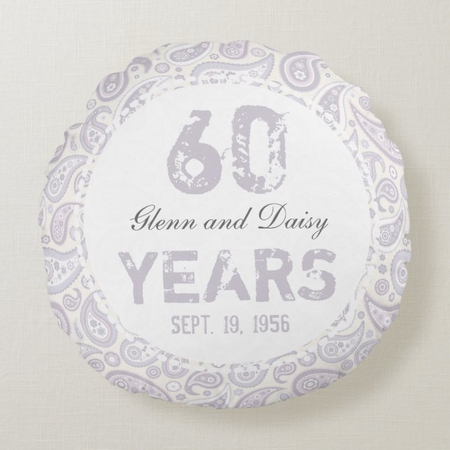 60th Diamond Wedding Anniversary Paisley Pattern Round Cushion (Front)